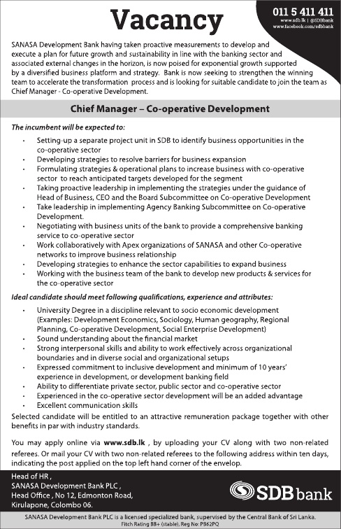 Chief Manager - Sanasa Development Bank